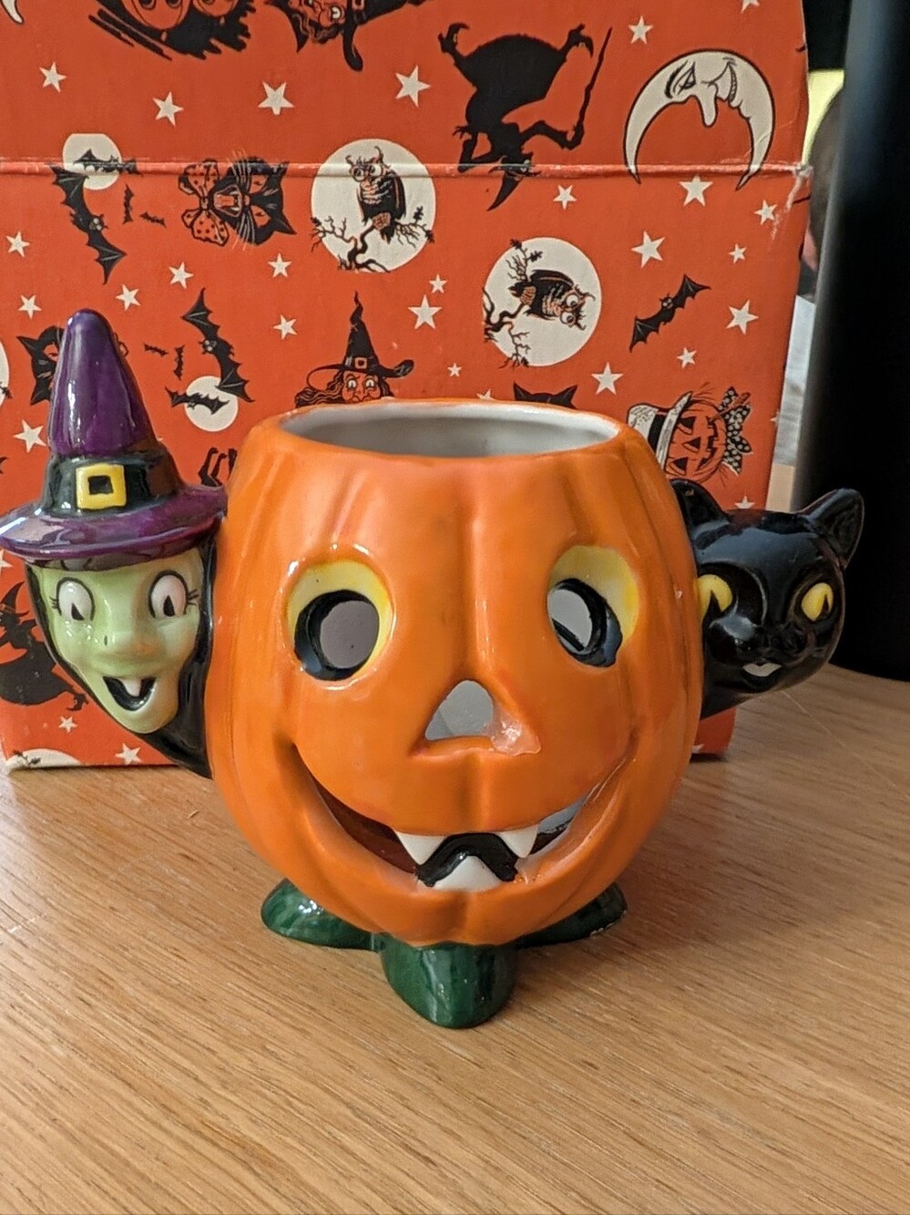 Vtg Christopher Radko Shiny Brite Pumpkin Patch Candle Holder Ceramic Halloween